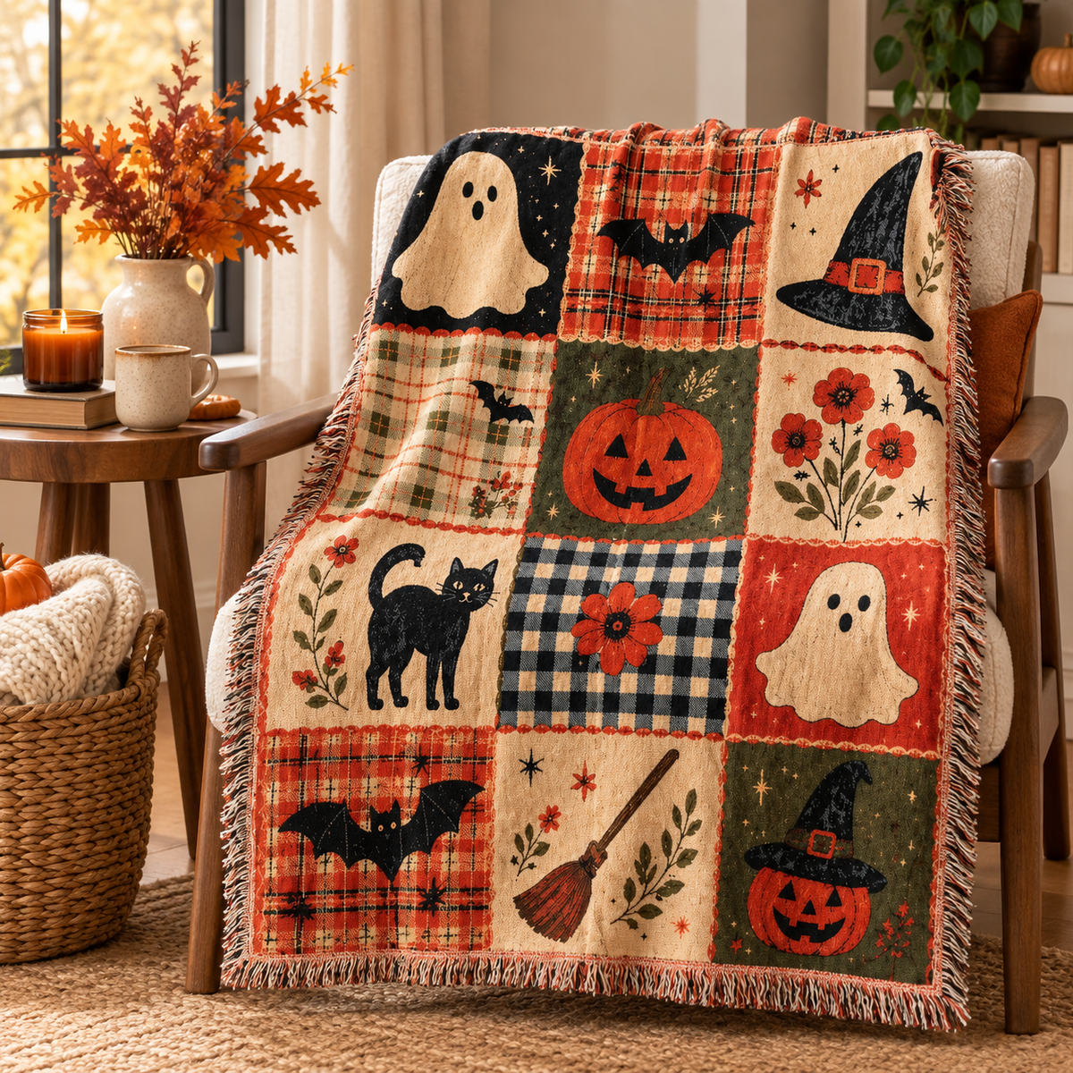 Halloween Patchwork Woven Throw Blanket